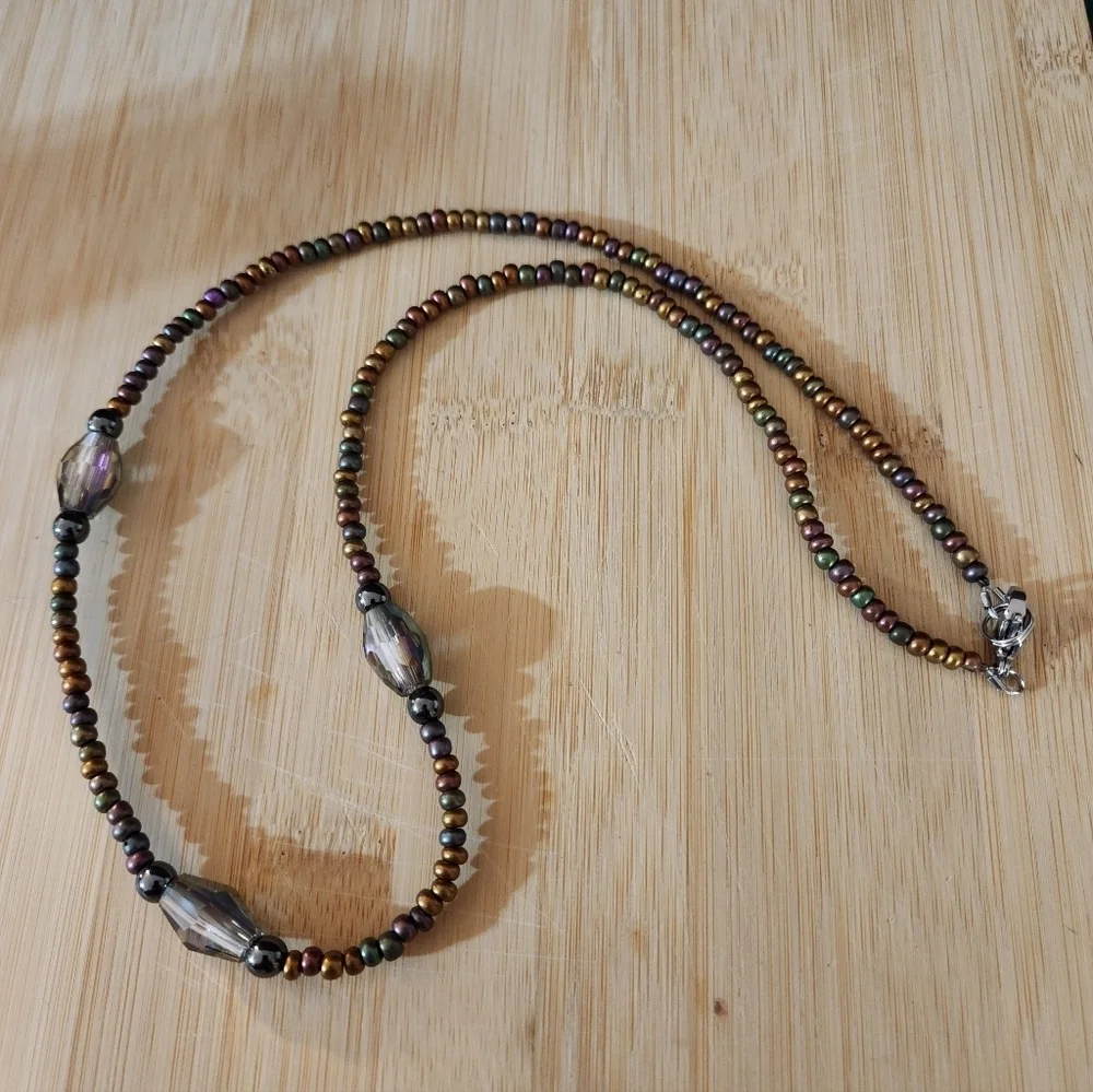 Hand Crafted Multicolor Beaded Necklace Purple Green